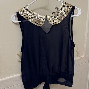 Elegant Navy Blue Sheer Top with Gold Collar